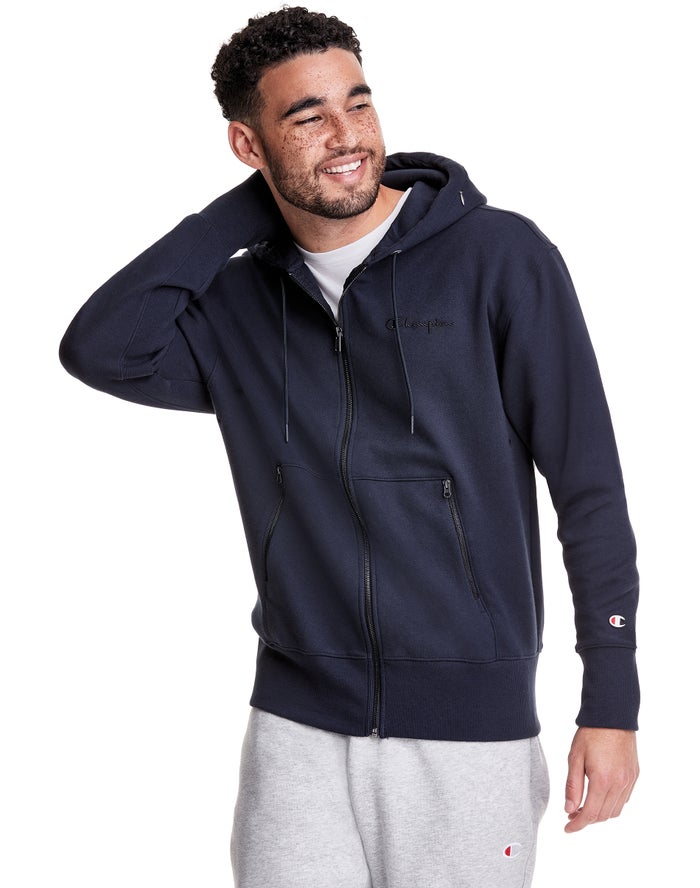 Champion Herre Hættetrøje Mørkeblå - Tech Weave Full Zip Script Logo - Danmark VXS-706945